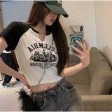 Vネック半袖Tシャツ ショート丈 ロゴプリント レディース 夏韓国ファッション | And Kawaii | 詳細画像6 