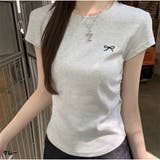 グレー | ミニリボン刺繍入り ベーシックフィットTシャツ コットンラウンドネック半袖 | And Kawaii