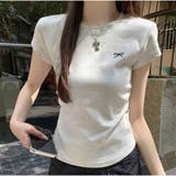 ミニリボン刺繍入り ベーシックフィットTシャツ コットンラウンドネック半袖 | And Kawaii | 詳細画像6