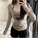 長袖Tシャツ Vネック スリムフィット レディース 韓国 ロゴプリント | And Kawaii | 詳細画像7 