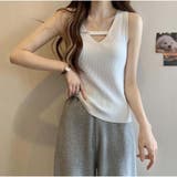 リブニットタンクトップ トップス フロントオープン Vネック ベーシック | And Kawaii | 詳細画像7 