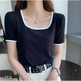 ブラック | バイカラーTシャツ 半袖 カジュアル ショート丈 夏服 | And Kawaii