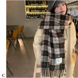 C | ロングマフラー ボリュームフリンジマフラー チェック柄 | And Kawaii