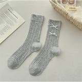 グレー | リブ編みソックス リボン付き ガーリー可愛いミドル丈靴下 | And Kawaii