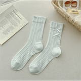 ブルー | リブ編みソックス リボン付き ガーリー可愛いミドル丈靴下 | And Kawaii