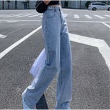 ブルー | デニムパンツ ウエスト調整ボタン付き おしゃれ | And Kawaii