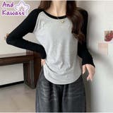 長袖Tシャツ クルーネック 配色長袖ショート丈Tシャツ | And Kawaii | 詳細画像1
