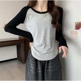 長袖Tシャツ クルーネック 配色長袖ショート丈Tシャツ | And Kawaii | 詳細画像4