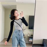 長袖Tシャツ クルーネック 配色長袖ショート丈Tシャツ | And Kawaii | 詳細画像5