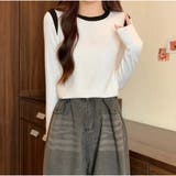 長袖Tシャツ クルーネック 配色長袖ショート丈Tシャツ | And Kawaii | 詳細画像5