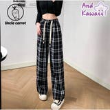 ワイドパンツ ウエストゴム チェックワイドパンツ | And Kawaii | 詳細画像1 
