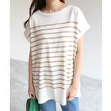 ホワイト×ベージュ | パネルボーダー フレンチスリーブ ニット | andme