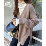 グレージュ | Vネック 片畦ニット トップス | andme