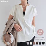 andme（アンドミー） | ポンチ 2way トップス レディース Tシャツ 半袖Tシャツ カットソー シャツブラウス オーバーサイズ 体型カバー 二の腕カバー ゆったり 楽ちん ストレッチ ジップ フレンチスリーブ Vネック スキッパー セレモニー きれいめ オフィス カジュアル M L 春夏 春 夏 秋