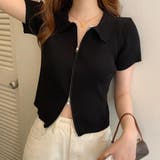 ブラック | ニットトップス 半袖 リブ編み | ANGELCLOSET