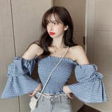 ライトブルー | シャーリング オフショルダー トップス | ANGELCLOSET