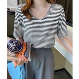 ボーダー柄Tシャツ Vネックカットソー夏 | ANGELCLOSET | 詳細画像2