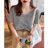 ボーダー柄Tシャツ Vネックカットソー夏 | ANGELCLOSET | 詳細画像3