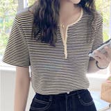 ヘンリーネック Tシャツ ボーダー柄半袖 | ANGELCLOSET | 詳細画像1
