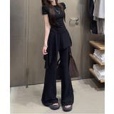レディース大人可愛いセットアップ サイドギャザーtシャツ レイヤード風フレアパン… | SUNSHINE CLOSET | 詳細画像1 
