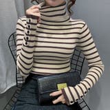 ベージュ | ボーダー柄ニットトップス タートルネック | SUNSHINE CLOSET