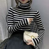 ブラック | ボーダー柄ニットトップス タートルネック | SUNSHINE CLOSET