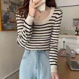 ライトベージュ | ボーダー柄ニットトップス スクエアネック | SUNSHINE CLOSET