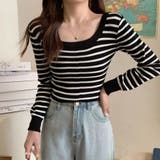 ブラック | ボーダー柄ニットトップス スクエアネック | SUNSHINE CLOSET
