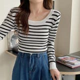 ホワイト | ボーダー柄ニットトップス スクエアネック | SUNSHINE CLOSET