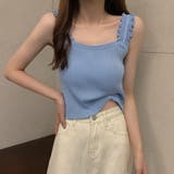 ブルー | リブニット トップス スクエアネック | ANGELCLOSET