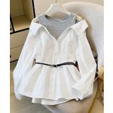 レディース ベルト付きパッチワークシャツレイヤード風 肩見せブラウス | SUNSHINE CLOSET | 詳細画像1 