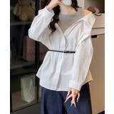 レディース ベルト付きパッチワークシャツレイヤード風 肩見せブラウス | SUNSHINE CLOSET | 詳細画像4 