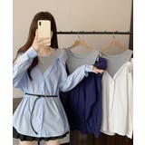 レディース ベルト付きパッチワークシャツレイヤード風 肩見せブラウス | SUNSHINE CLOSET | 詳細画像9 