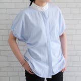 ストライプブルー | パフスリーブサイドタックブラウス 春 夏 秋 M L | aquagarage