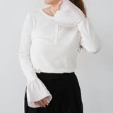 オフホワイト | フライスリブ袖口フリルヘンリーネックトップス 春 秋 冬 M レディース | aquagarage