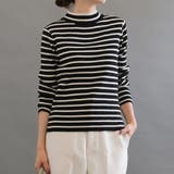 ブラック×アイボリー | 柔らかな生地で肌触りのいいボーダー柄ハイネックカットソー | aquagarage