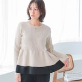 ベージュ | スタイルアップ効果抜群！配色スポンジニットペプラムトップス | aquagarage