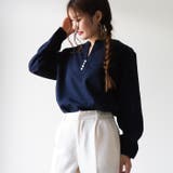 ネイビー | フロントの飾りボタンが上品で大人っぽいキーネックブラウス オフィスカジュアル | aquagarage