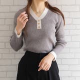 グレー | フェミニンながらも大人っぽい印象♪バイカラーVネックリブニットトップス | aquagarage