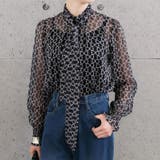 ブラック | 高級感ある総柄長袖ボウタイブラウス | aquagarage