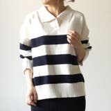 ホワイト×ネイビー | マニッシュなボーダー柄で印象的な着こなしに♪襟付きボーダーニットトップス | aquagarage