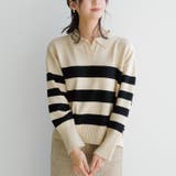 ベージュ×ブラック | マニッシュなボーダー柄で印象的な着こなしに♪襟付きボーダーニットトップス | aquagarage