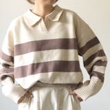 ベージュ×グレージュ | マニッシュなボーダー柄で印象的な着こなしに♪襟付きボーダーニットトップス | aquagarage