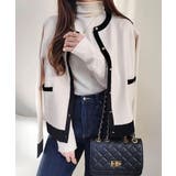 ベージュ | 上品な配色デザインと艶のあるゴールドボタンが大人可愛いバイカラーカーディガン | aquagarage