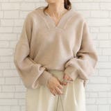 無地:ベージュ | ゆるっとシルエットでこなれた印象の深Vネックニットトップス | aquagarage