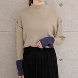 ベージュ×アイアンブルー | ボトルネック配色リブニットトップス 春 秋 冬 M レディース | aquagarage