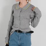 杢グレー×グリーン | 襟付きリブニットバイカラーカーディガン 春  秋 冬 M レディース | aquagarage