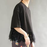 ブラック | 裾レースドッキングTシャツ 夏 M | aquagarage