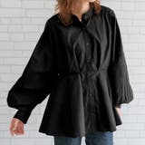 ブラック | 女性らしいシルエットを演出するウエストタック長袖ブラウス | aquagarage