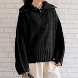 ブラック | 大きめの襟元で小顔効果も抜群♪天竺畦編みハーフジップニット | aquagarage